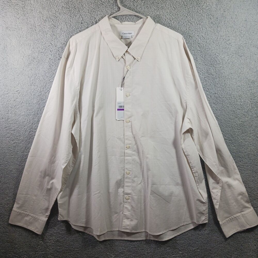 CALVIN KLEIN MEN'S SIZE XXL CREAM & WHITE LINED LONG SLEEVE BUTTON DOWN SHIRT